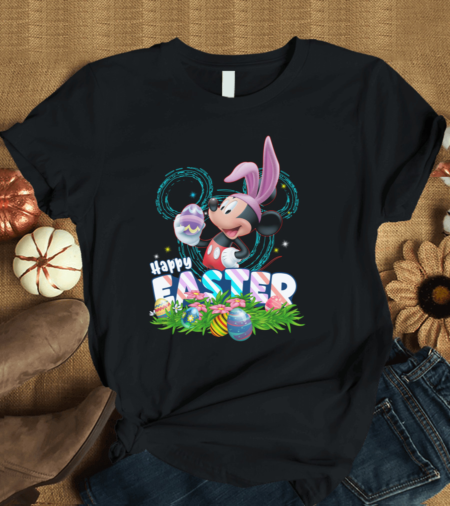 MK Happy Easter Mickey Mouse Bunny Ears Holding Colorful Easter Eggs in Grass T-Shirt