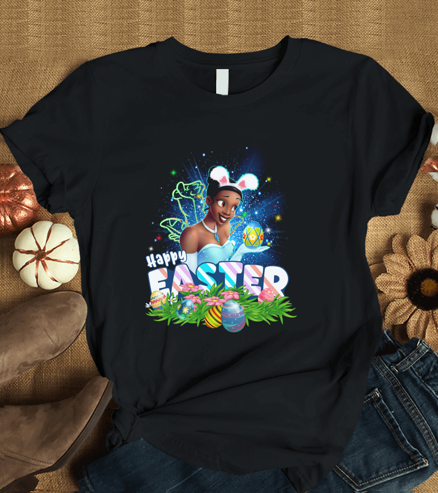Tiana Happy Easter Bunny Ears Sparkling Eggs and Flowers T-Shirt