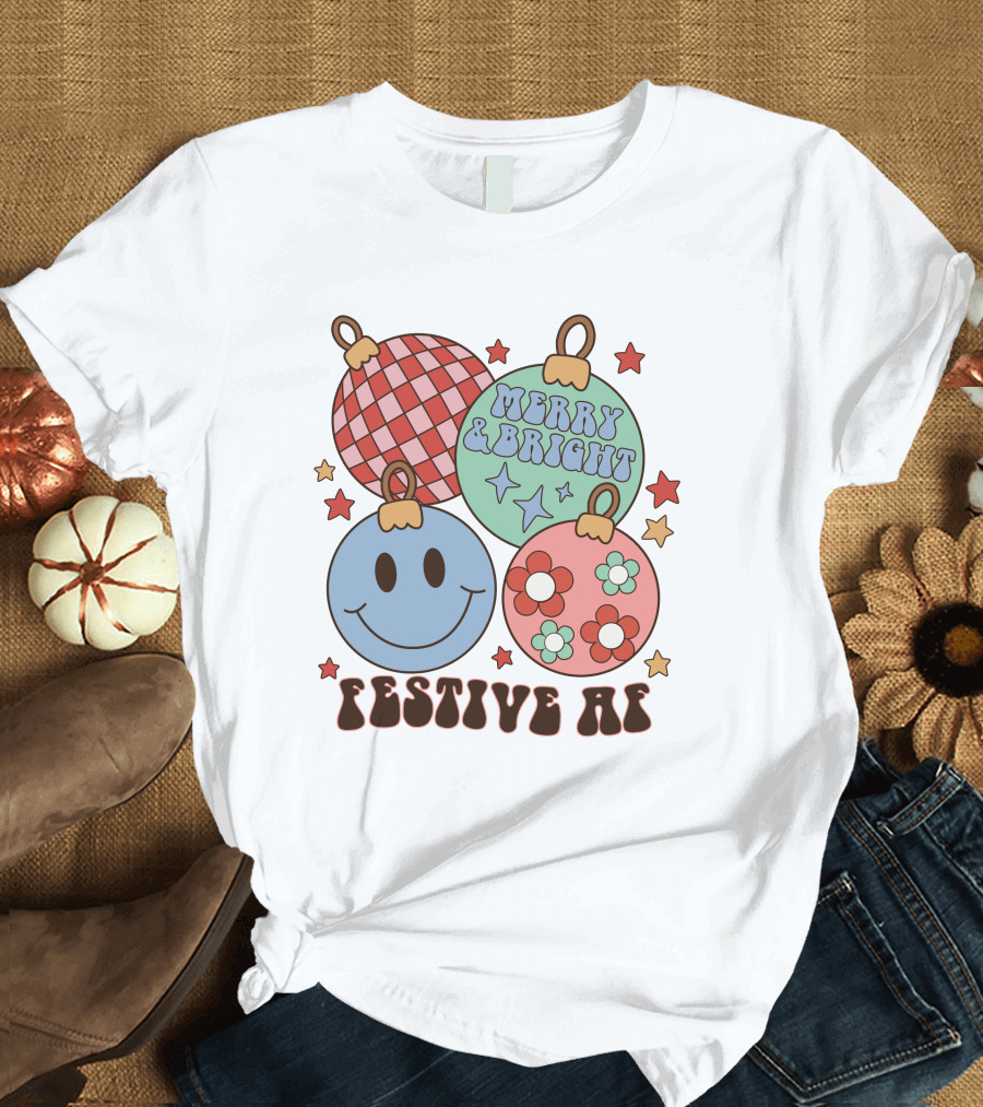 Festive AF Merry and Bright Smiley Ornaments T-Shirt