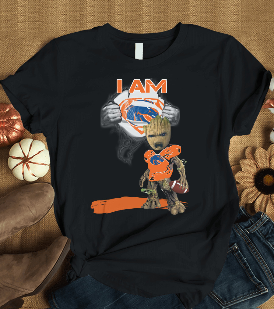 Boise State Broncos Baby Groot Superman I Am Football Fan T-Shirt