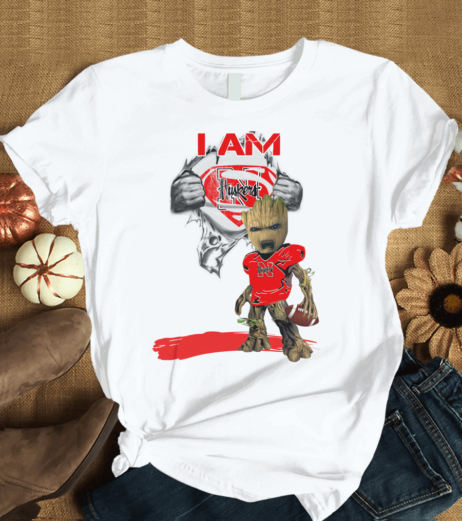 I Am Husker Baby Groot Superman Cornhuskers Football T-Shirt