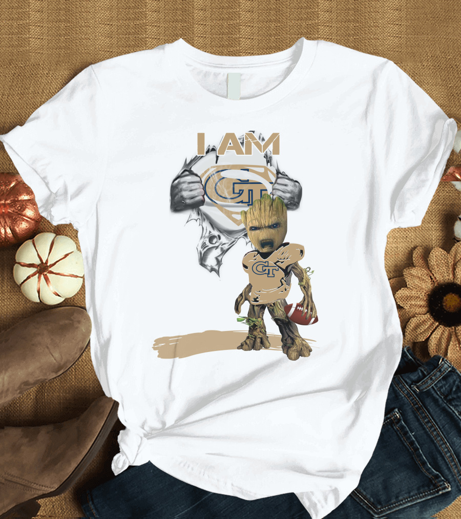I AM Georgia Tech Baby Groot Superman Football T-Shirt