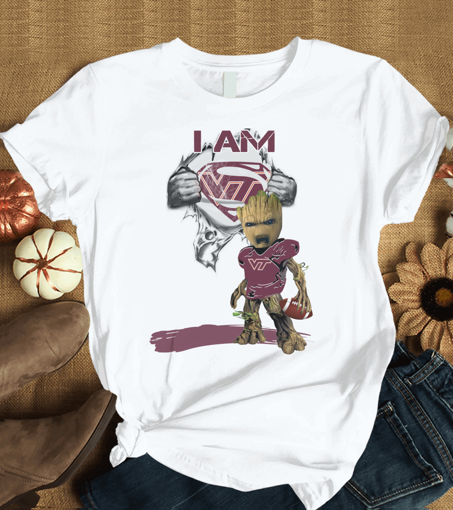 I AM Hokies VT Baby Groot Superman Football T-Shirt
