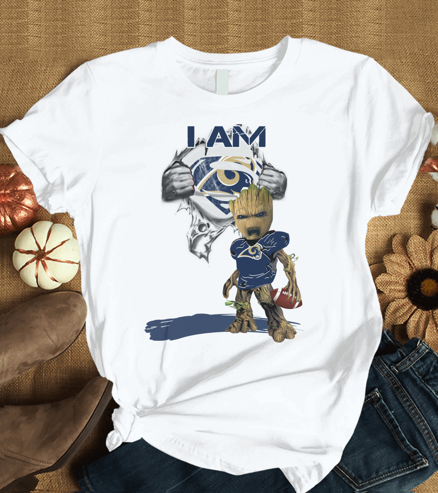I AM Rams Baby Groot Superman Football Hero T-Shirt