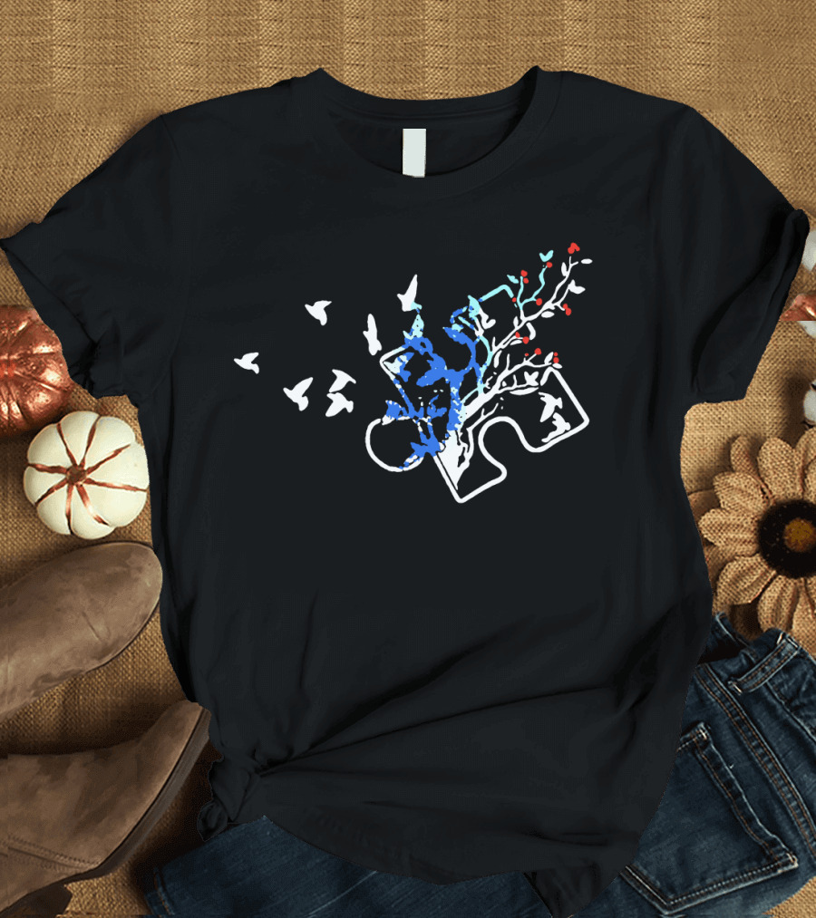 Autism Puzzle Piece with White Birds and Floral Tree Branches T-Shirt