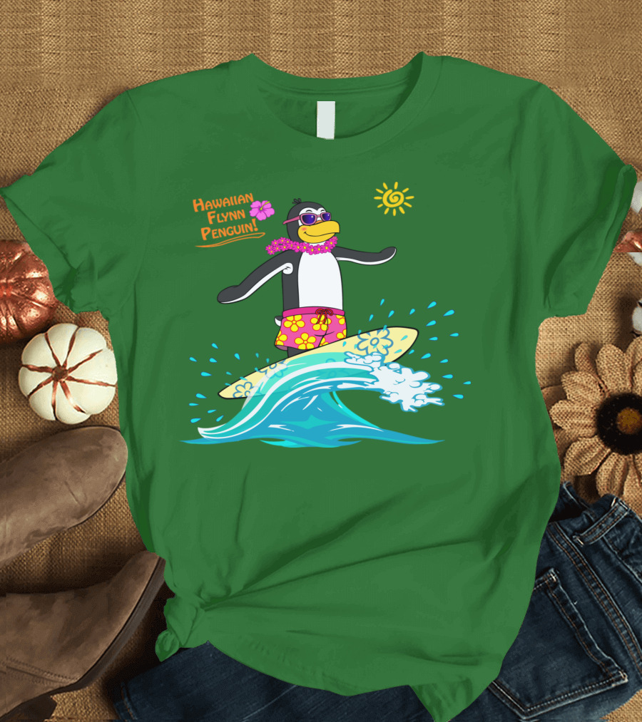 Hawaiian Flynn Penguin Surfing with Floral Lei and Sunglasses T-Shirt
