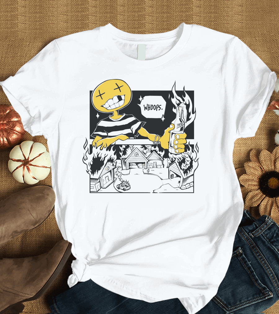 OFFCANNY New Merch Whoops Smiling Figure with Flaming Houses and Bottle T-Shirt