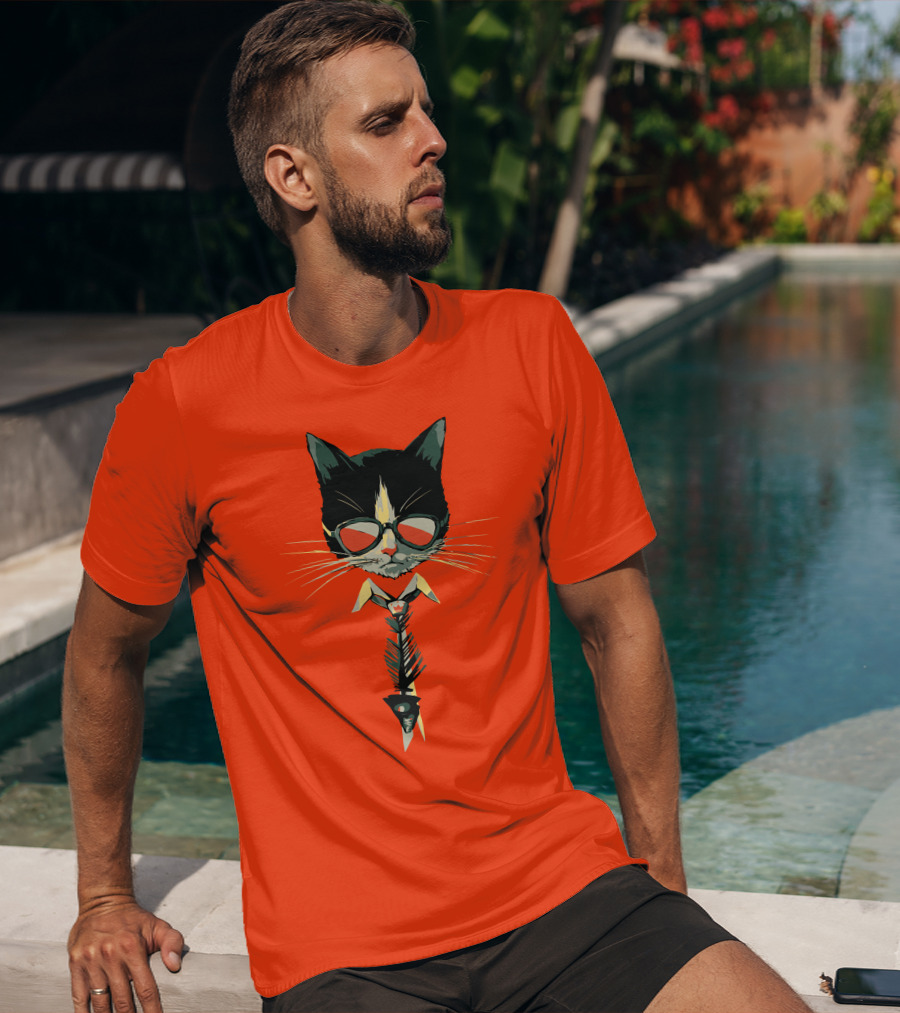 Bibisama CAT With Sunglasses And Fish Skeleton Tie T-Shirt