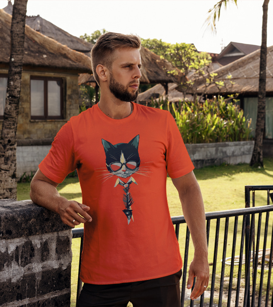 Bibisama CAT With Sunglasses And Fish Skeleton Tie T-Shirt