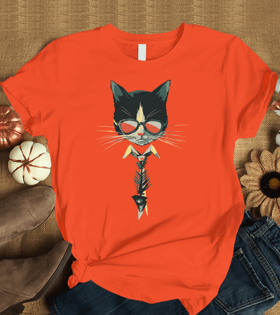 Bibisama CAT With Sunglasses And Fish Skeleton Tie T-Shirt