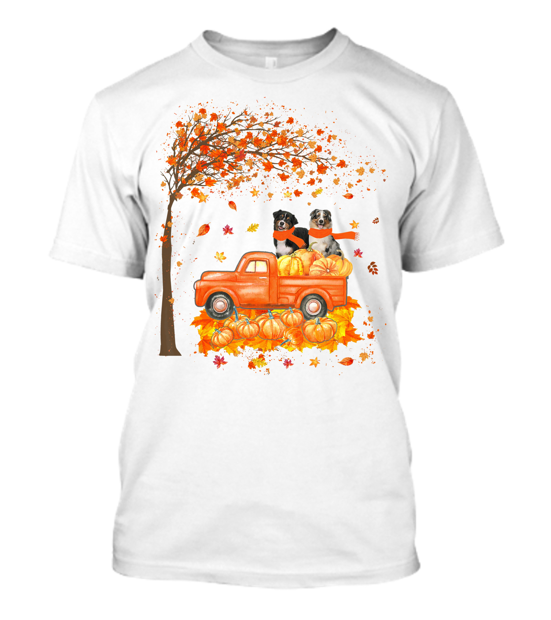 Australian Shepherds With Pumpkins On Orange Truck In Autumn Scene T-Shirt