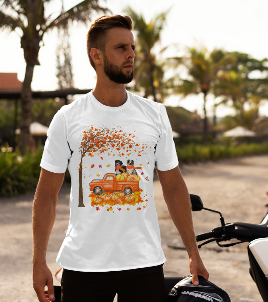 Australian Shepherds With Pumpkins On Orange Truck In Autumn Scene T-Shirt