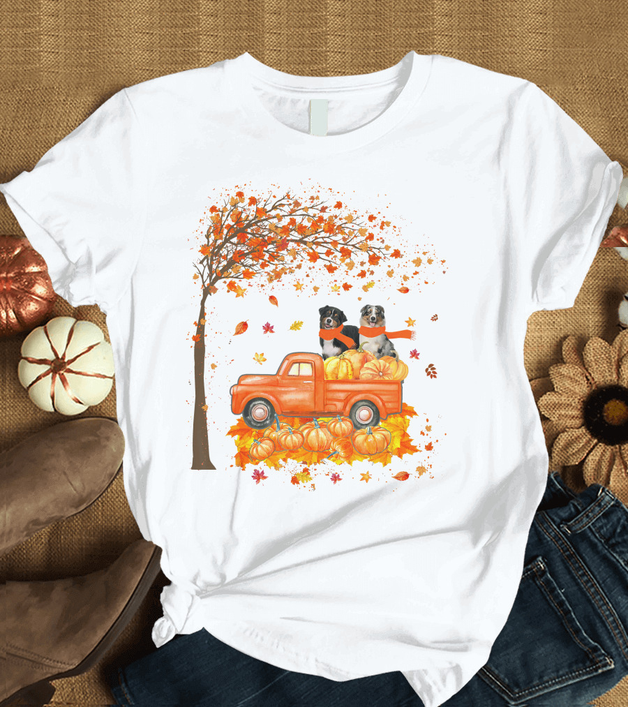 Australian Shepherds With Pumpkins On Orange Truck In Autumn Scene T-Shirt