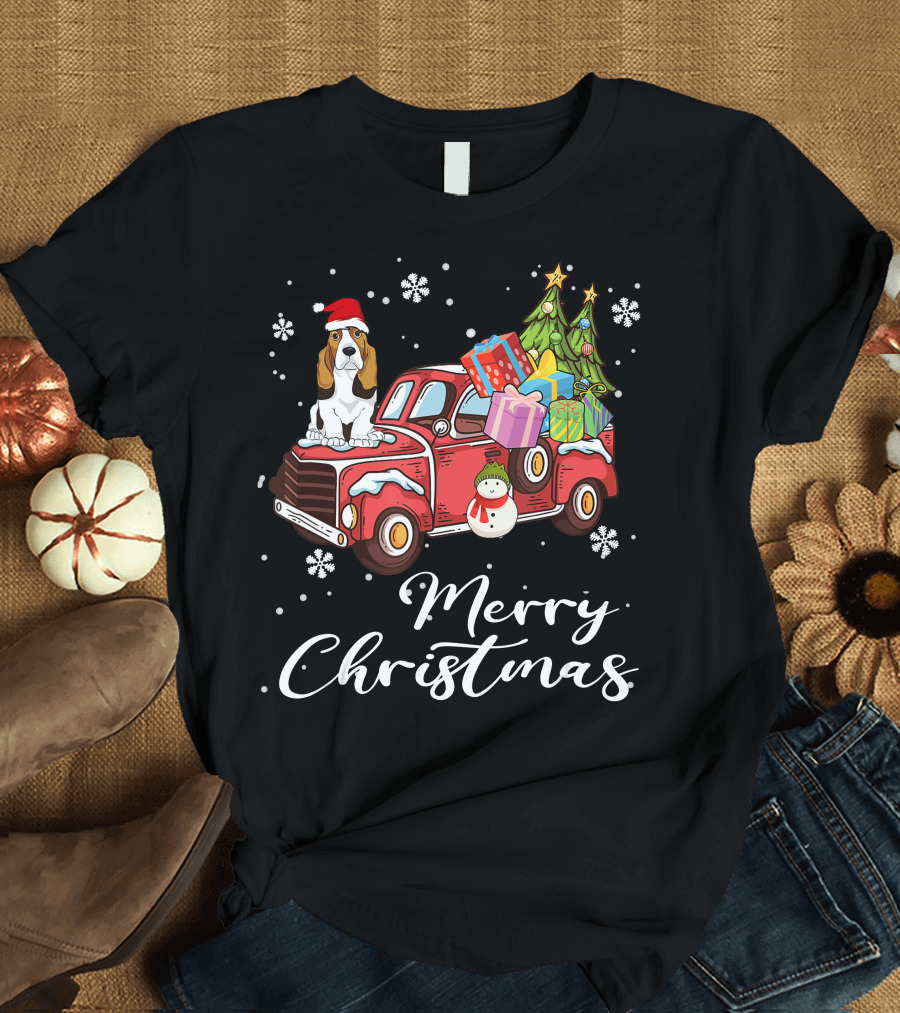 Basset Hound with Gifts and Snowman on Red Truck Merry Christmas T-Shirt
