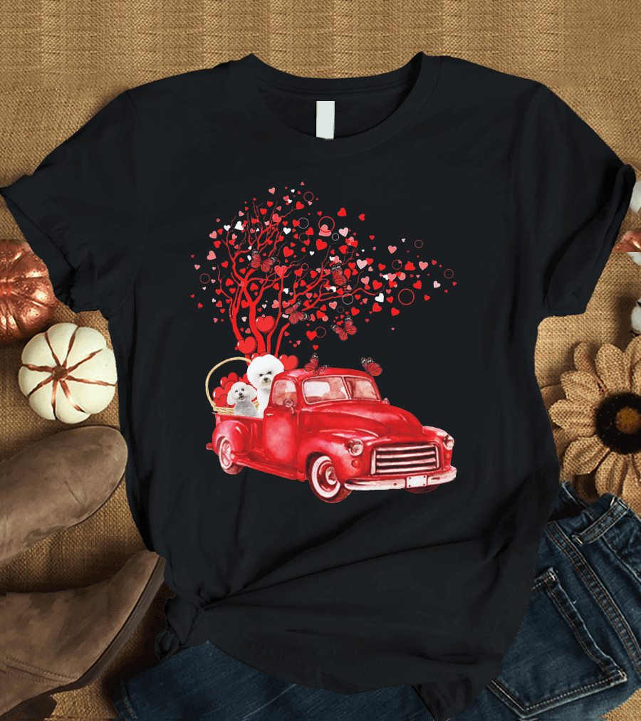 Bichon Frise Valentine Red Truck with Heart Tree and Butterflies T-Shirt