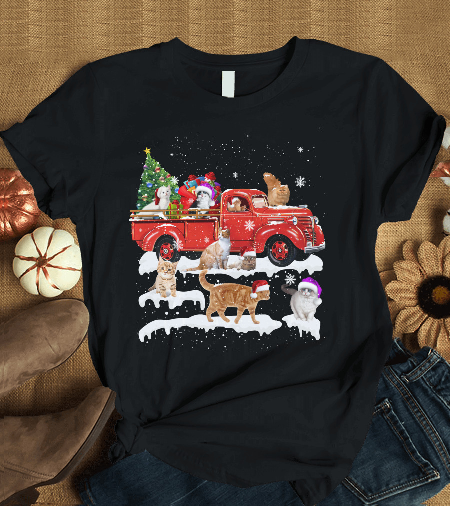 Merry Christmas Cat Riding Red Truck with Kittens and X mas Tree T-Shirt