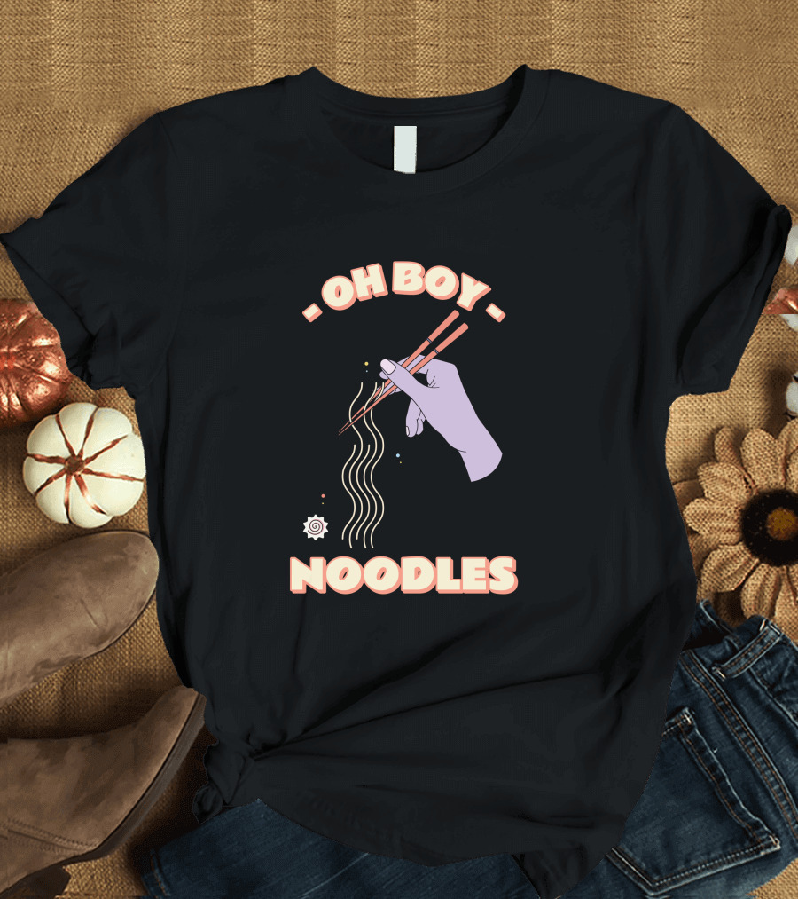 Oh Boy Noodles Hand Holding Chopsticks with Floating Ramen T-Shirt