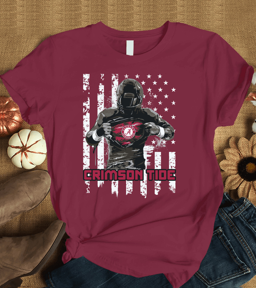 Alabama Crimson Tide Superhero American Flag Football Fan T-Shirt