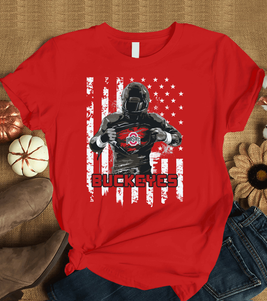 Ohio State Buckeyes Player with American Flag Background T-Shirt