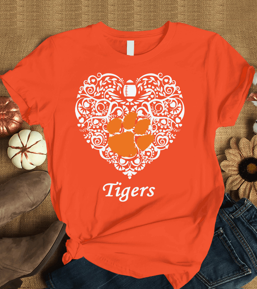 Heart-Shaped Design with Clemson Tigers Paw and Football Elements T-Shirt