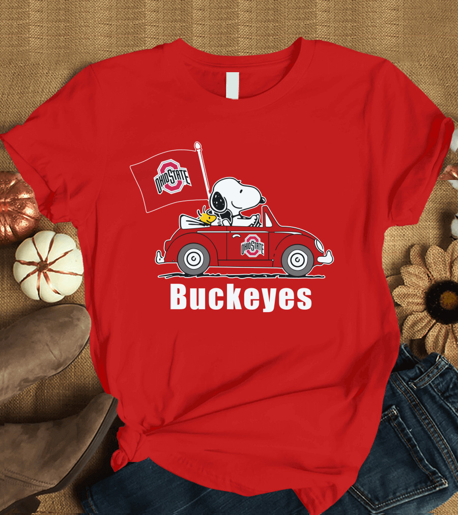 Ohio State Buckeyes Snoopy in Red Car with Flag T-Shirt