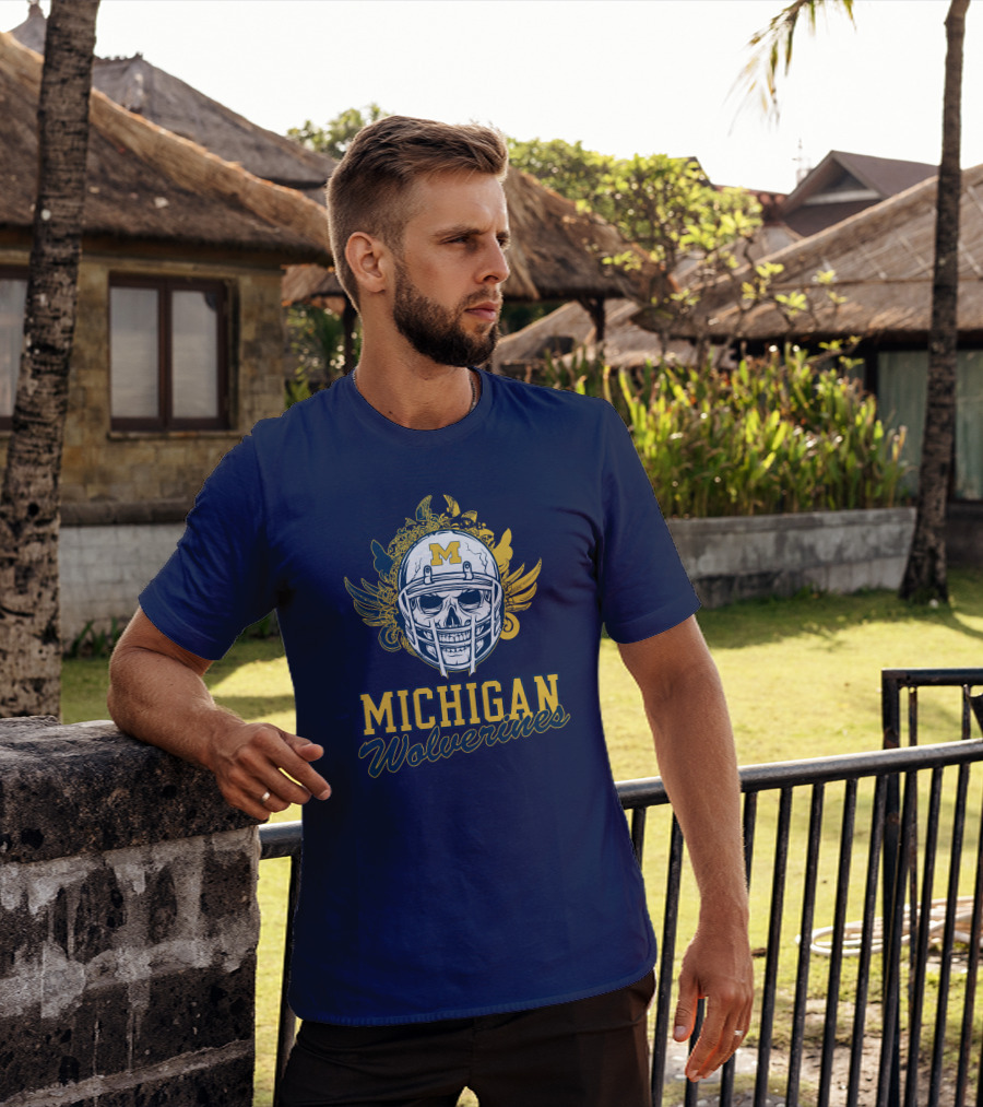Michigan Wolverines Skull Helmet With Floral Wings T-Shirt