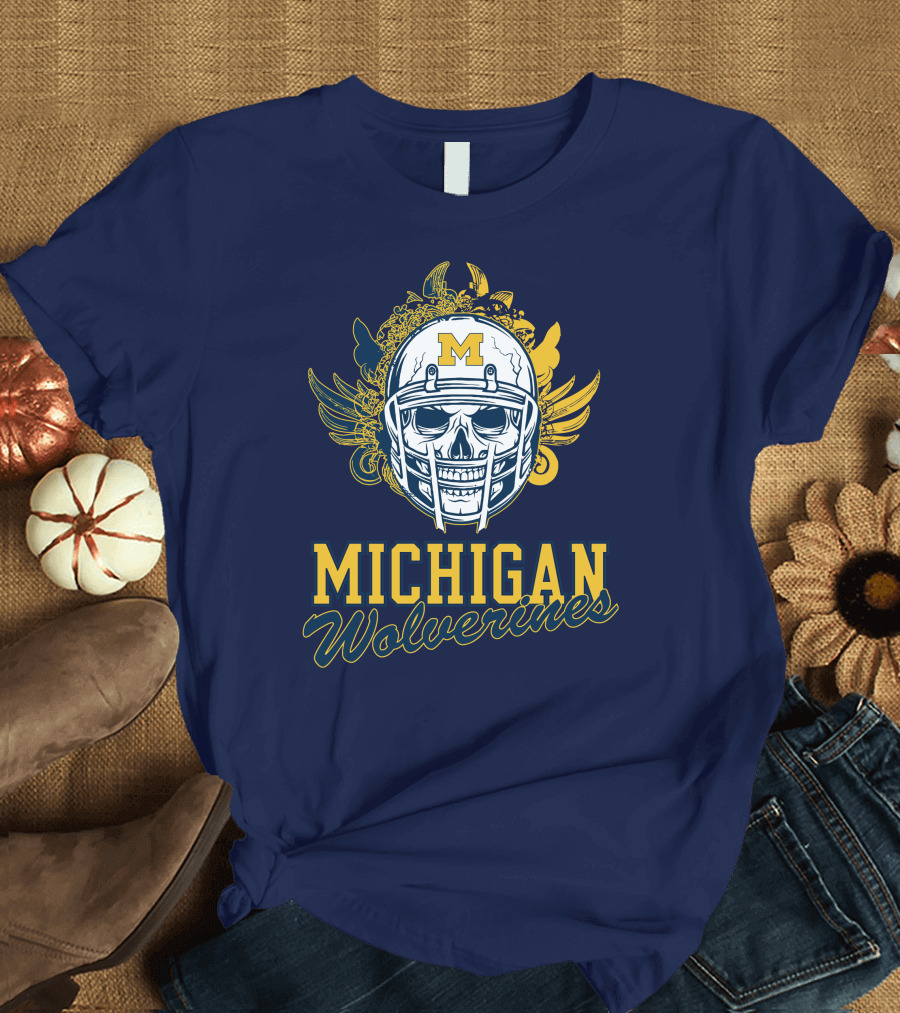 Michigan Wolverines Skull Helmet with Floral Wings T-Shirt