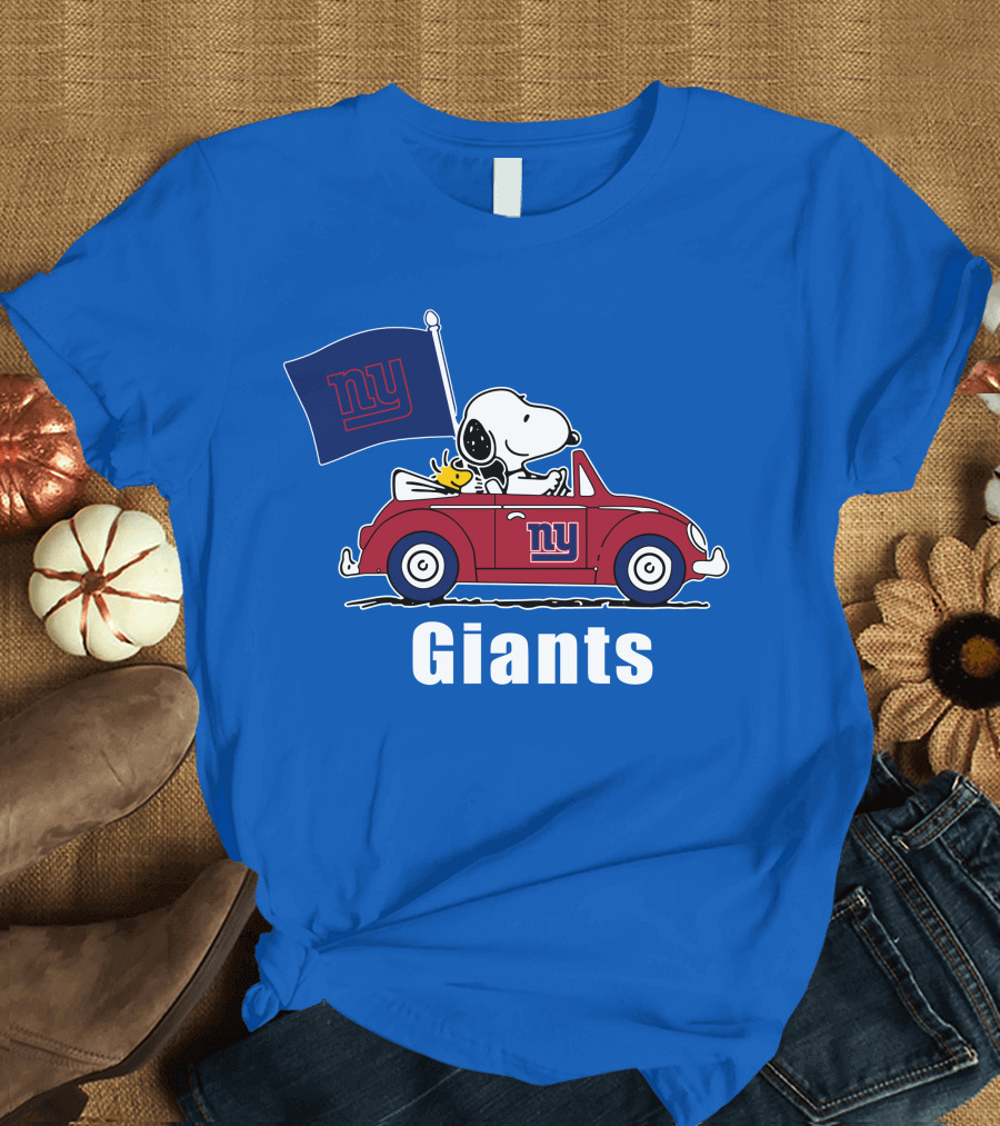 New York Giants Snoopy Driving With Woodstock and Flag T-Shirt