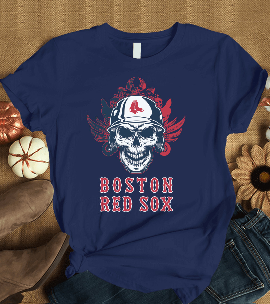 Boston Red Sox Skull with Baseball Helmet and Wings T-Shirt