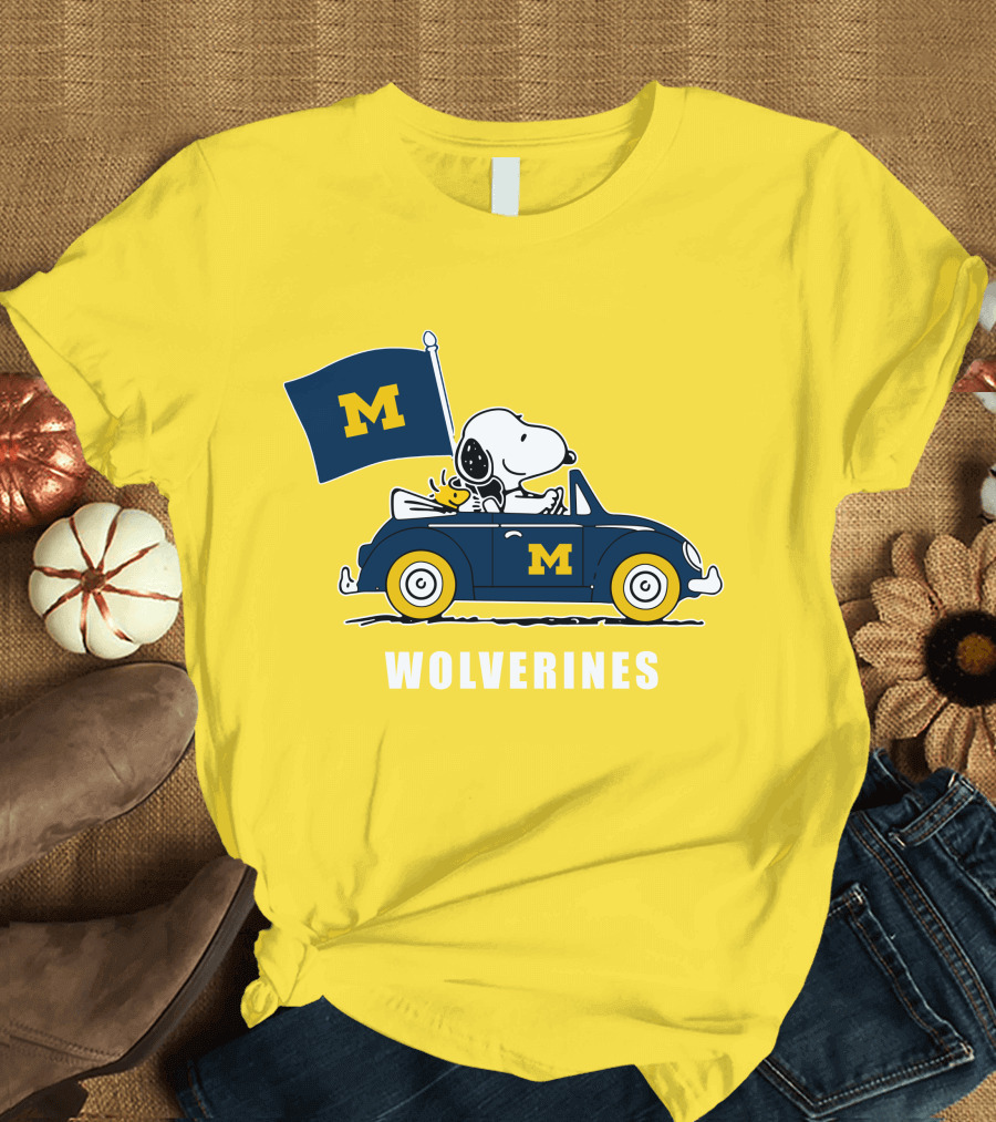 Michigan Wolverines Snoopy Driving with Flag T-Shirt