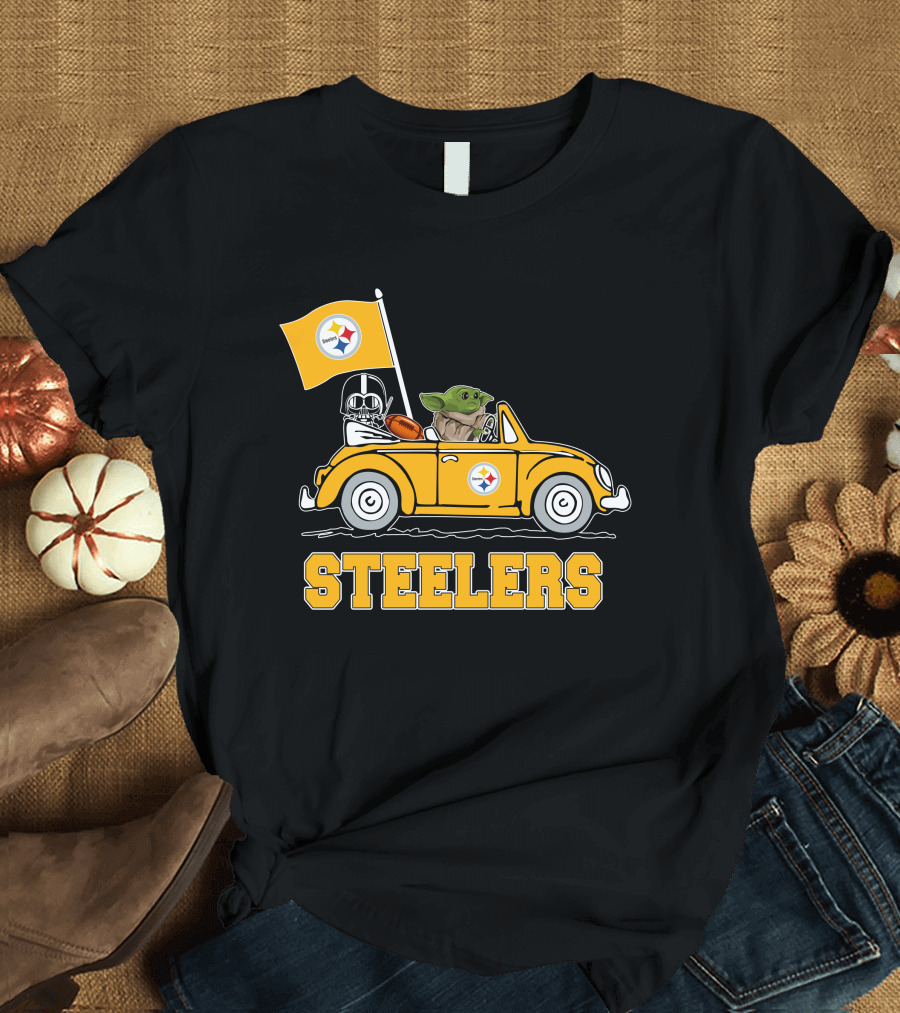 Pittsburgh Steelers Darth Vader Baby Yoda Driving Steelers Car T-Shirt