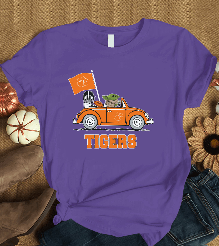 Clemson Tigers Darth Vader Baby Yoda Driving Star Wars Football Car T-Shirt