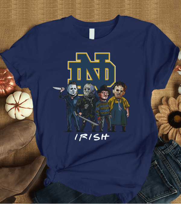 T-Shirt: Notre Dame Fighting Irish Halloween with Famous Horror Slasher Characters T-Shirt Notre Dame Fighting Irish Halloween with Famous Horror Slasher Characters T-Shirt