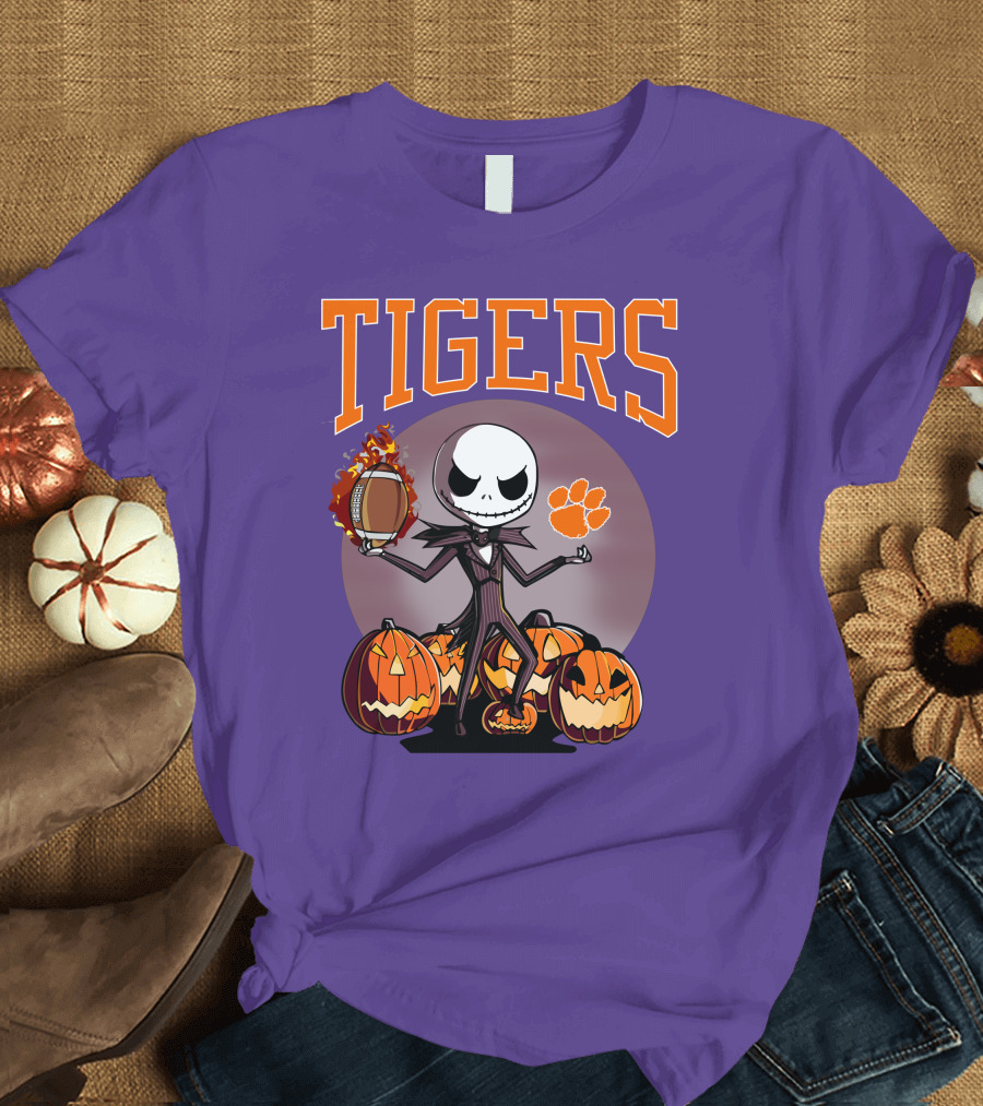 Tigers Jack Skellington Clemson Halloween Football and Pumpkins T-Shirt