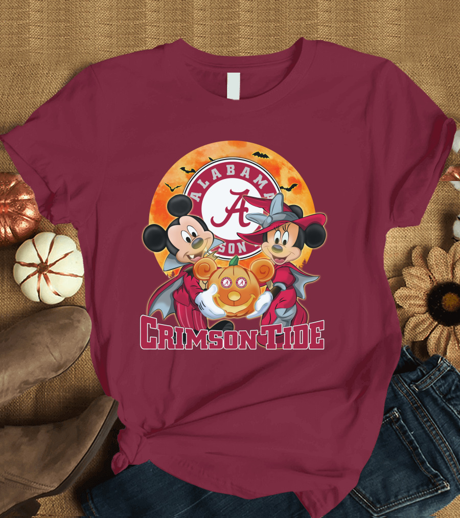 Alabama Crimson Tide Mickey Mouse Minnie Mouse Halloween Pumpkin Circle T-Shirt