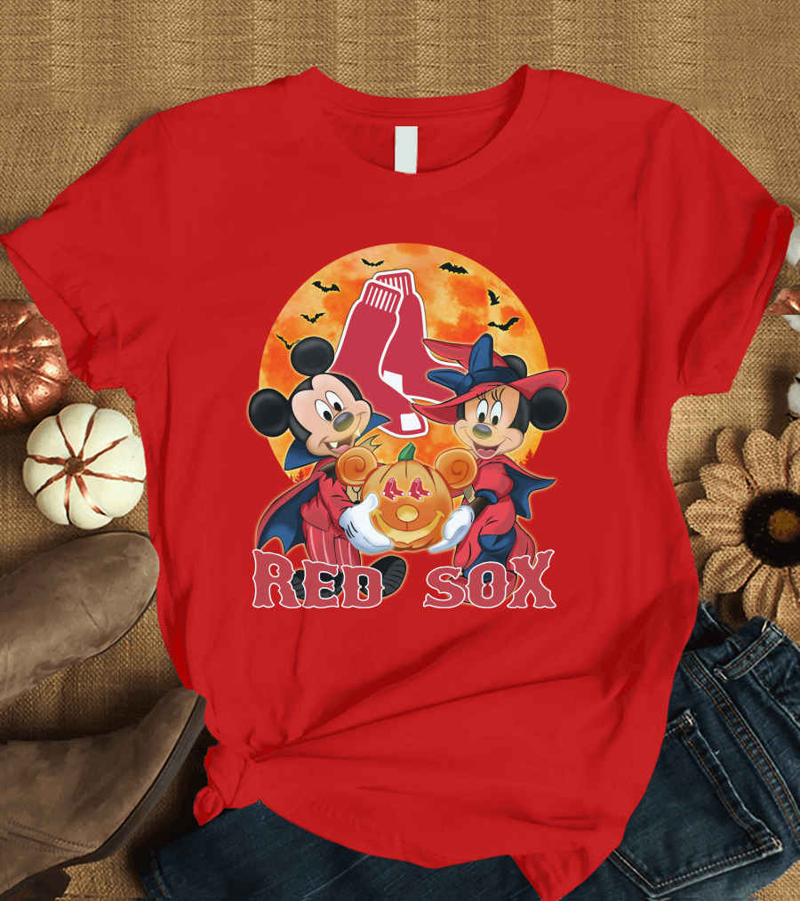 Boston Red Sox Mickey and Minnie Mouse Halloween Pumpkin T-Shirt