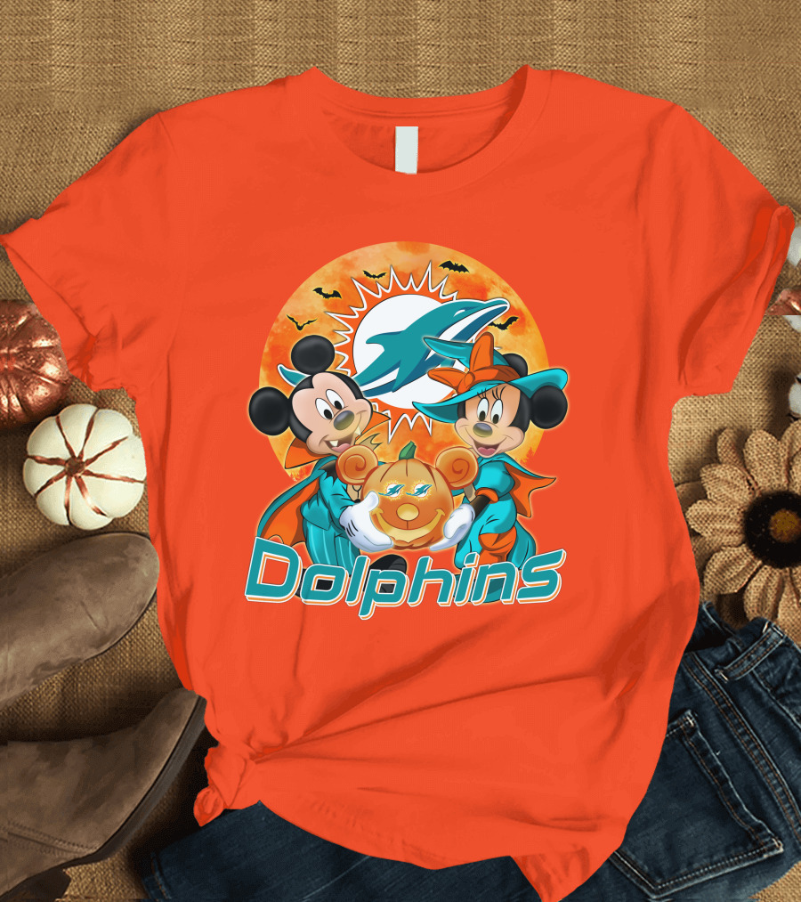 Miami Dolphins Mickey Minnie Halloween Pumpkin Bats T-Shirt