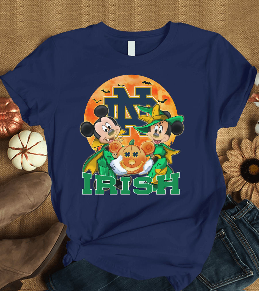 Notre Dame Fighting Irish Mickey Mouse Minnie Mouse Halloween Irish Pumpkin T-Shirt