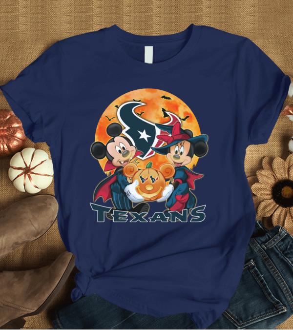 T-Shirt: Houston Texans Mickey Mouse and Minnie Mouse Halloween Pumpkin Moon Bats T-Shirt Houston Texans Mickey Mouse and Minnie Mouse Halloween Pumpkin Moon Bats T-Shirt