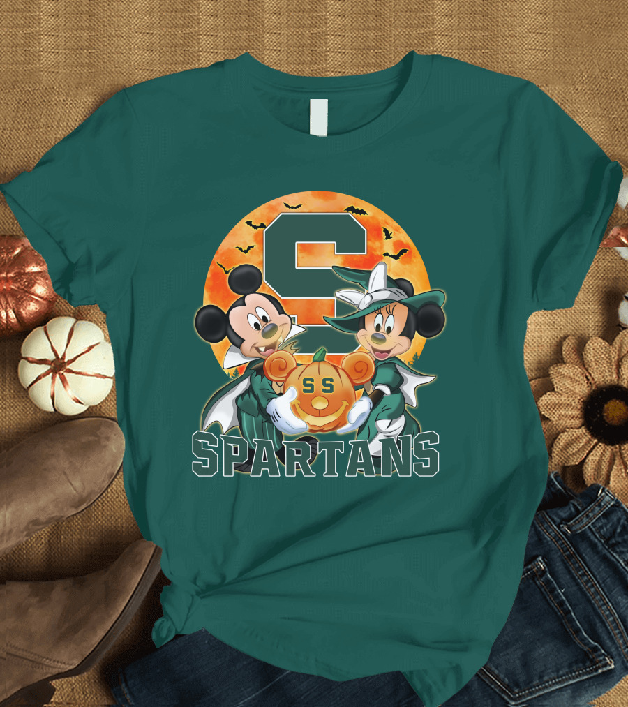 Michigan State Spartans Mickey Mouse Minnie Mouse Halloween Pumpkin Moon Bats T-Shirt