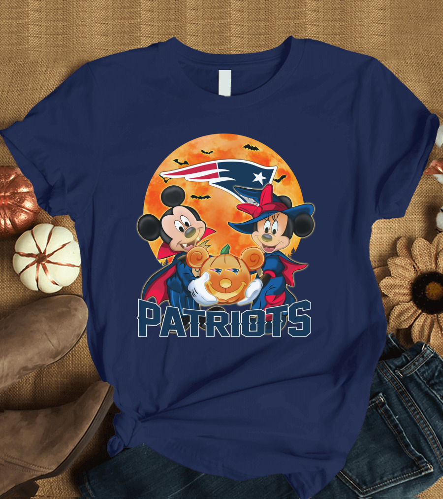 Patriots Halloween Mickey Mouse and Minnie Mouse with Pumpkin and New England Football T-Shirt
