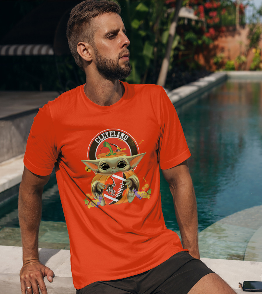 Cleveland Halloween Pumpkin Baby Yoda Holding Football T-Shirt