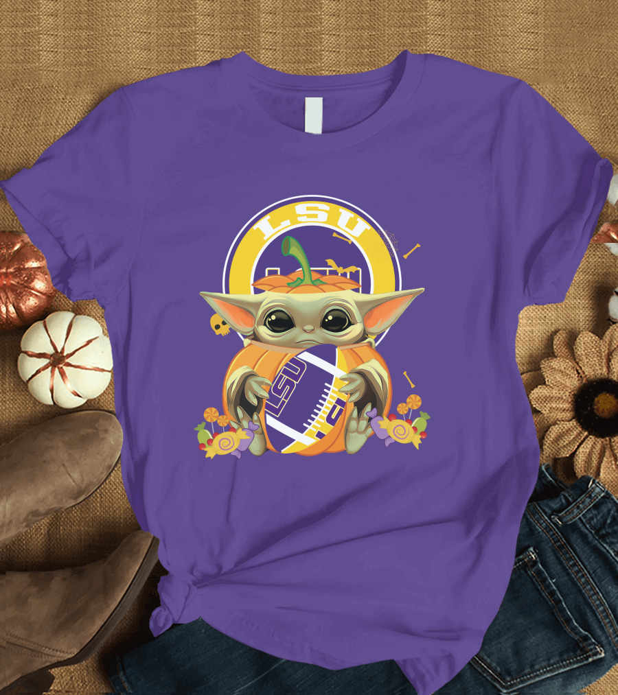 LSU Tigers Halloween Pumpkin Baby Yoda Hug Football T-Shirt