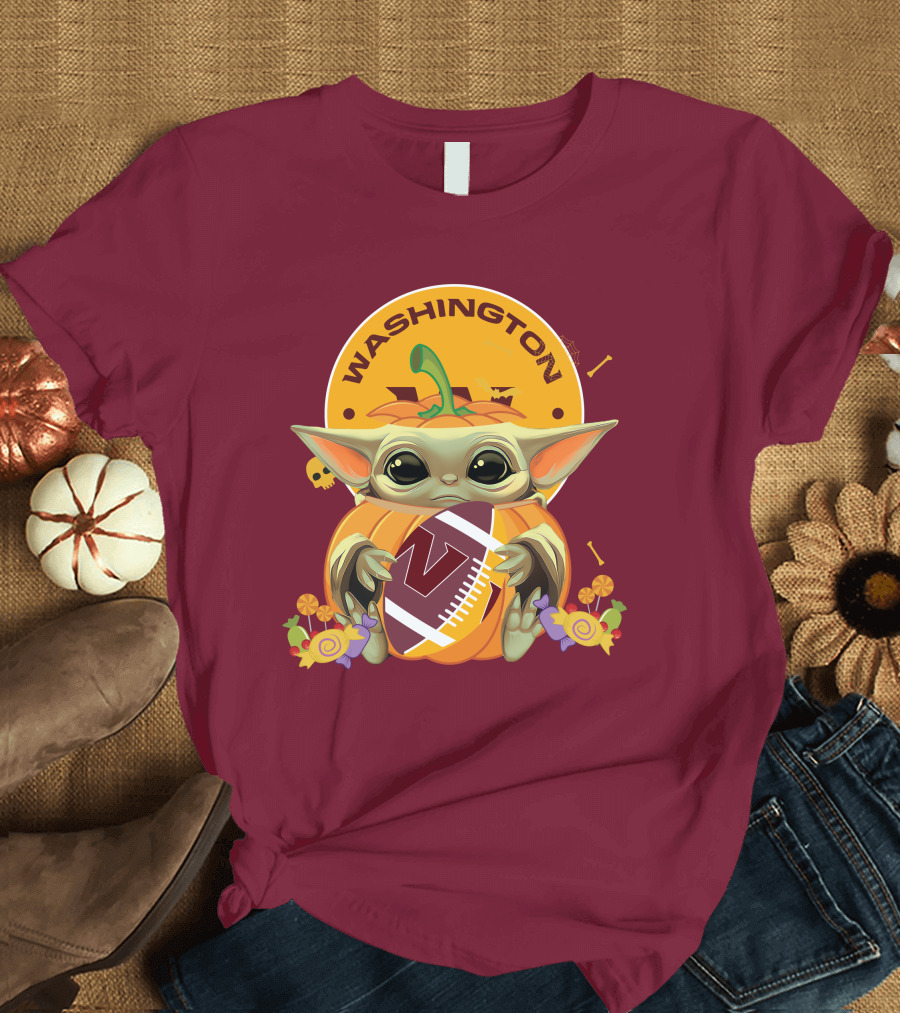 Halloween Baby Yoda Pumpkin Hugging Washington Football Team T-Shirt
