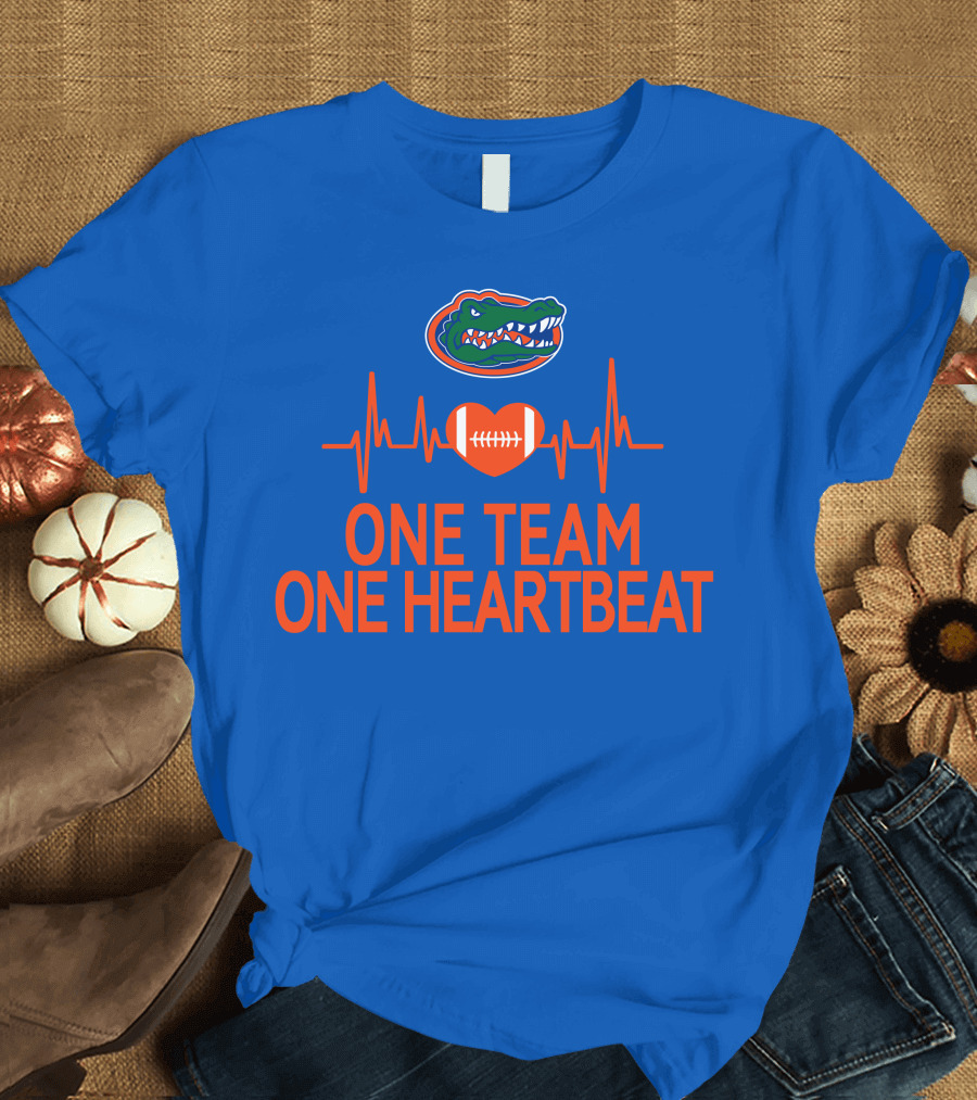 Florida Gators One Team One Heartbeat Football Logo and Heartbeat Line T-Shirt