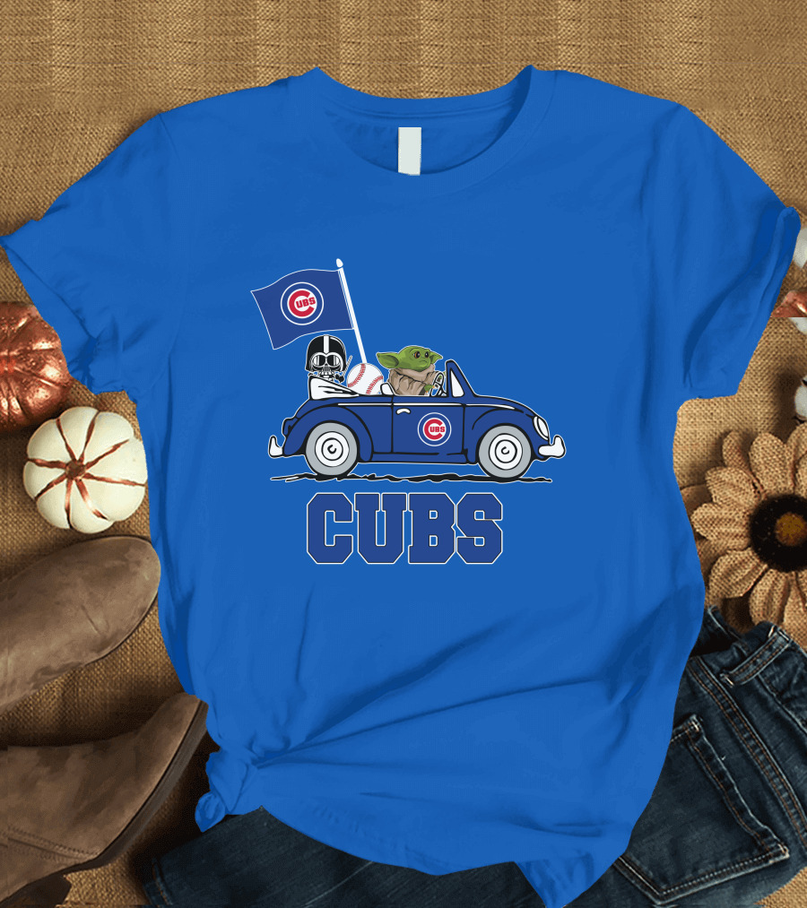 Chicago Cubs Darth Vader Baby Yoda Driving Star Wars Crossover T-Shirt