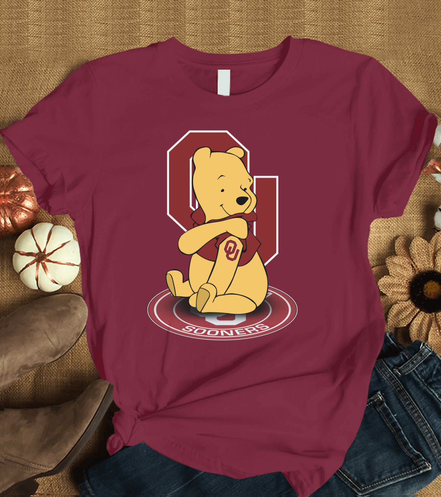Winnie the Pooh with Oklahoma Sooners Logo and Letterman Jacket T-Shirt