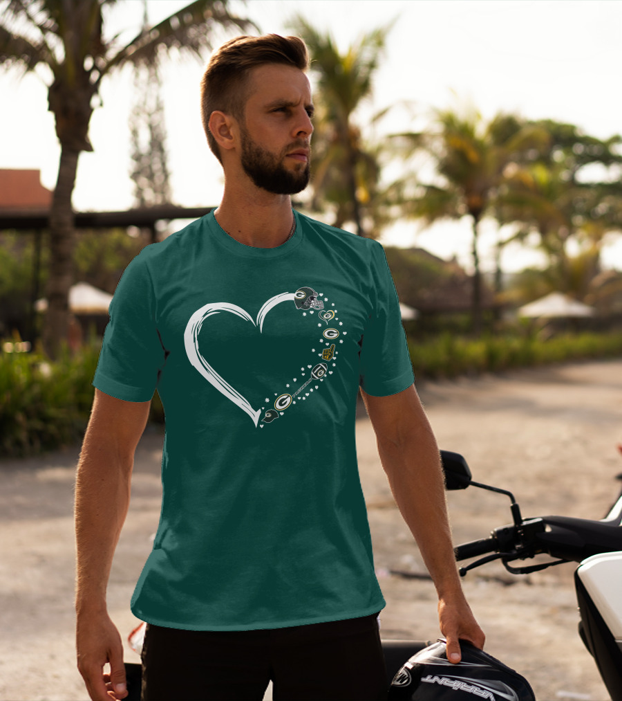 Green Bay Packers Heart With Logos And Helmet T-Shirt