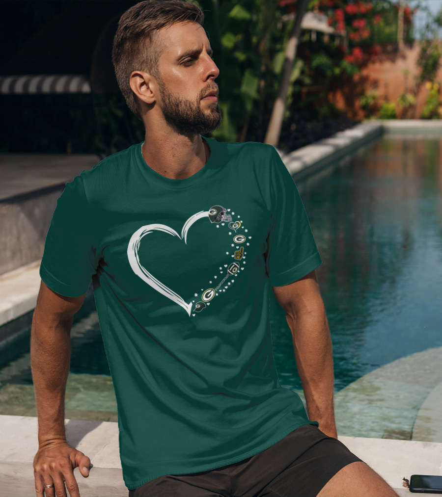 Green Bay Packers Heart With Logos And Helmet T-Shirt