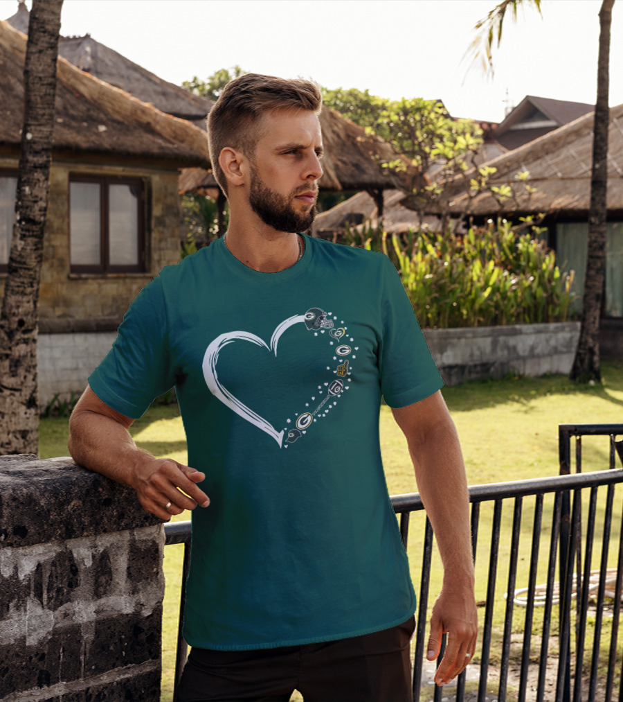 Green Bay Packers Heart With Logos And Helmet T-Shirt